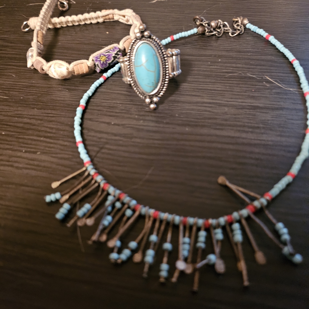 Turquoise and Silver Beaded Necklace and Bracelet Set